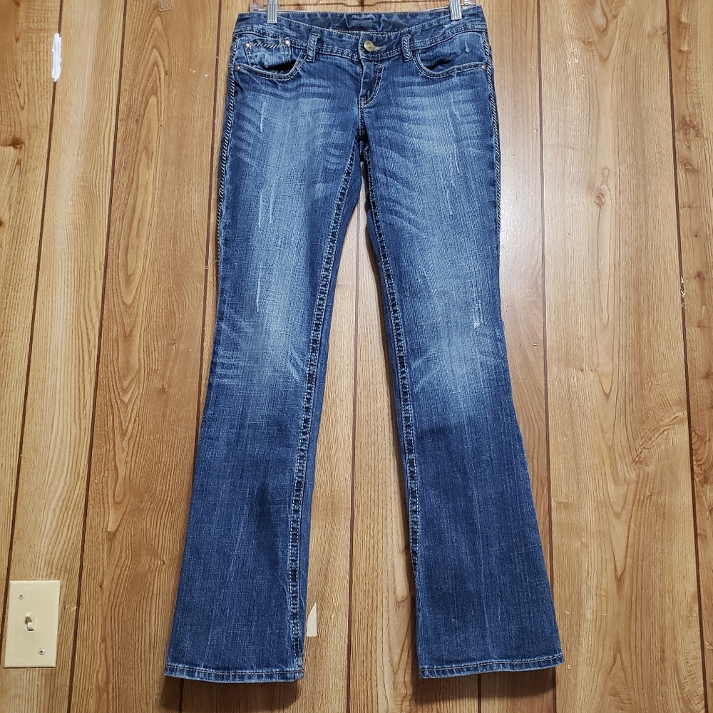 EXPRESS Women’s Size 4R Blue Jeans Flare Leg Denim Distressed Low Rise